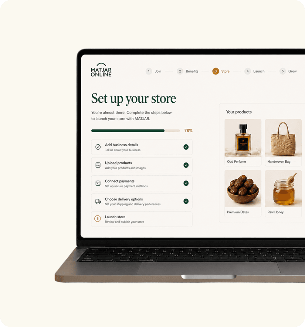 MATJAR store setup dashboard showing onboarding progress and product listings