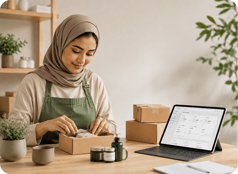 A small-business owner packing an order at her workbench with the MATJAR dashboard open on a tablet
